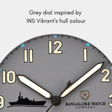 Close-up of the MACH 1 Admiral watch dial, featuring a matte grey design made from steel recovered from the INS Vikrant R11.