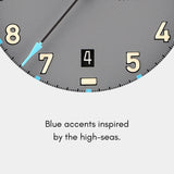 MACH 1 Admiral watch with blue markers and a blue-tipped seconds hand, honouring the seas guarded by the ship.