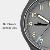 MACH 1 Admiral wristwatch dial featuring a motif at 9H that resembles the Starboard side view of the INS Vikrant R11.