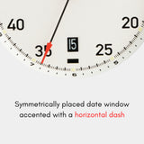 Symmetrically placed date window at 6 o’clock on the MACH 1 Avalanche watch, accented with a horizontal dash.