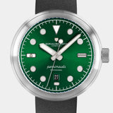 Close-up of the Agumbe wristwatch, with deep green dial color with brilliant sunburst pattern.