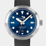 Close-up of the Laccadive wristwatch, with deep blue dial color with brilliant sunburst pattern.