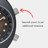 Apogee Earthshine watch with a second crown to set an additional timezone.