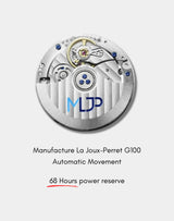 Karman Line wristwatch featuring Swiss La Joux-Perret G100 automatic movement, known for precision and reliability.