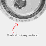 Close-up view of the exclusive unique numbering on the Karman Line watch caseback.