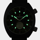 Manzinus II wristwatch lume radiating with C3 Super-Luminova® Grade A, providing enhanced visibility in low-light conditions.