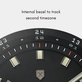 Apogee Manzinus II watch features a bi-directional bezel for a second timezone, adjusted with the 2H crown.