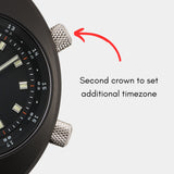 Apogee Manzinus II watch with a second crown to set an additional timezone.
