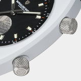 Moon-white Cerasteel™ case of the Manzinus wristwatch inspired by the Moon’s polar craters.