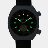 Manzinus wristwatch lume radiating with C3 Super-Luminova® Grade A, providing enhanced visibility in low-light conditions.