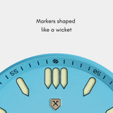 Wicket-shaped markers on the Men in Blue wristwatch, bringing cricket details to the dial.