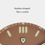 The Pitch wristwatch with wicket-shaped markers, highlighting cricket elements on the dial.