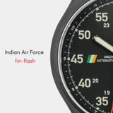 MACH 1 Aviator Stealth Fighter watch dial featuring the Indian Air Force fin-flash at the 9H position.