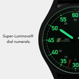 MACH 1 Aviator, Stealth Fighter watch dial with Super-Luminova coating for clear visibility in low light.