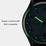 MACH 1 Officer's Blue watch dial with Super-Luminova coating for clear visibility in low light.