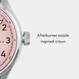 MACH 1 Silk Scarf dial featuring the afterburner nozzle-inspired crown, inspired by aviation.