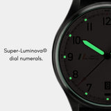 MACH 1 Silk Scarf watch dial with Super-Luminova coating, glowing in low light for clear readability.