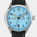 Close-up of the MACH 1 Officer's Blue wristwatch dial, inspired by the IAF Officer's Blue No. 6 uniform with a bold blue colour.