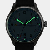 MACH 1 Officer's Blue wristwatch lume glowing with C3 Super-Luminova® Grade A, providing excellent visibility.