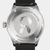 Close-up of the MACH 1 Silk Scarf wristwatch caseback, featuring a detailed engraving of an aviator's scarf symbol.