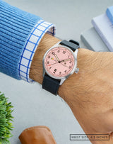 Man wearing MACH 1 Silk Scarf watch on wrist, focusing on the unique dial pattern.