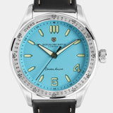 Close-up of the Men in Blue wristwatch dial featuring cricket-inspired elements and sandwich-style construction.