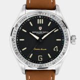 Close-up of the Pavilion wristwatch dial, featuring cricket-inspired details and a matte black colour.