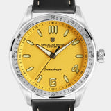 Close-up of the Yellow Jersey wristwatch dial, featuring cricket-inspired details and a vibrant yellow color.