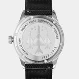 Engraving of MiGs flying in formation on the case back of the MACH 1X, celebrating the legacy of the Indian Air Force.