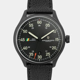 Close-up of the MACH 1 Aviator Stealth Fighter watch dial, featuring a stealthy black design inspired by German Flieger B-Uhr watches.