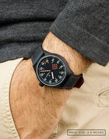 Man wearing MACH 1 Synchro wristwatch with hand in pocket, highlighting the unique design and aviation-inspired elements.