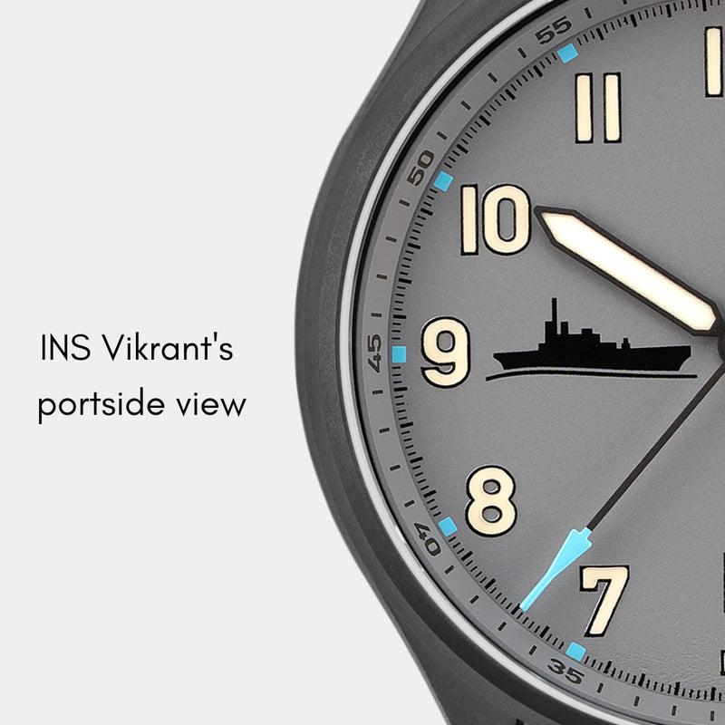 MACH 1 Admiral wristwatch dial featuring a motif at 9H that resembles the Starboard side view of the INS Vikrant R11.