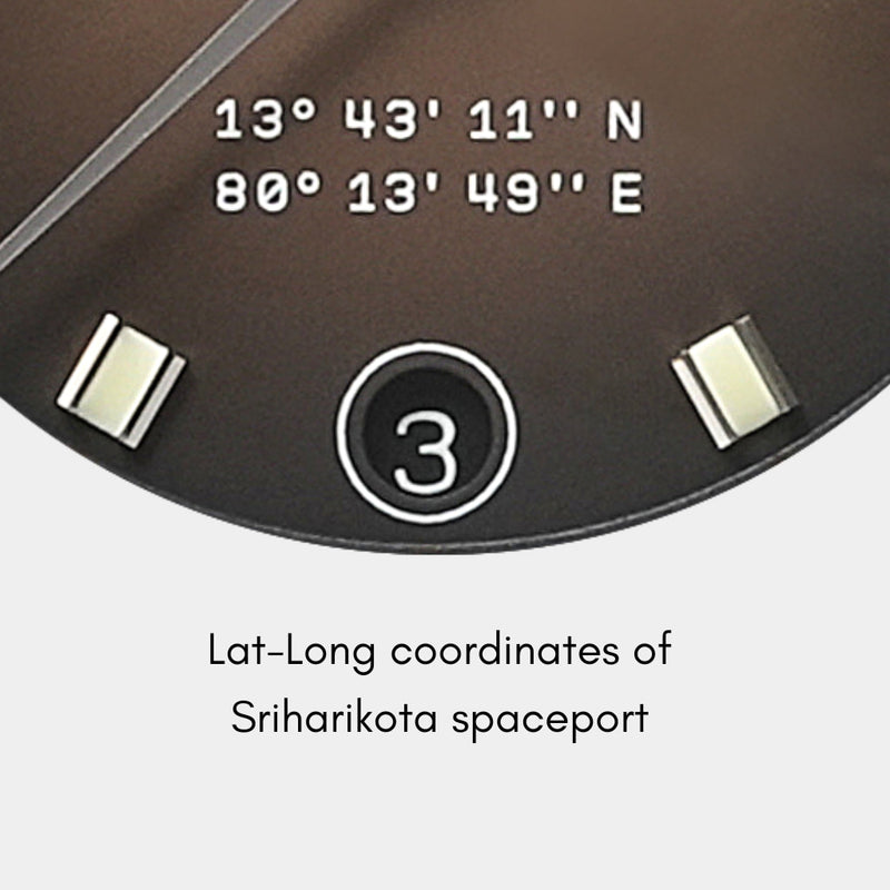 Apogee Earthshine watch dial with the coordinates of Sriharikota Spaceport at 6H position.