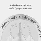 Caseback of the MACH 1 Civilian Steel wristwatch featuring an engraving of MiGs flying in formation, inspired by the MiG 21 fighter jet.
