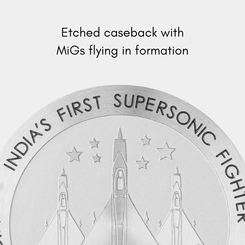 Caseback of the MACH 1 Civilian Steel wristwatch featuring an engraving of MiGs flying in formation, inspired by the MiG 21 fighter jet.