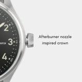 MACH 1 Civilian Steel wristwatch with afterburner-inspired crown, drawing from MiG aircraft.