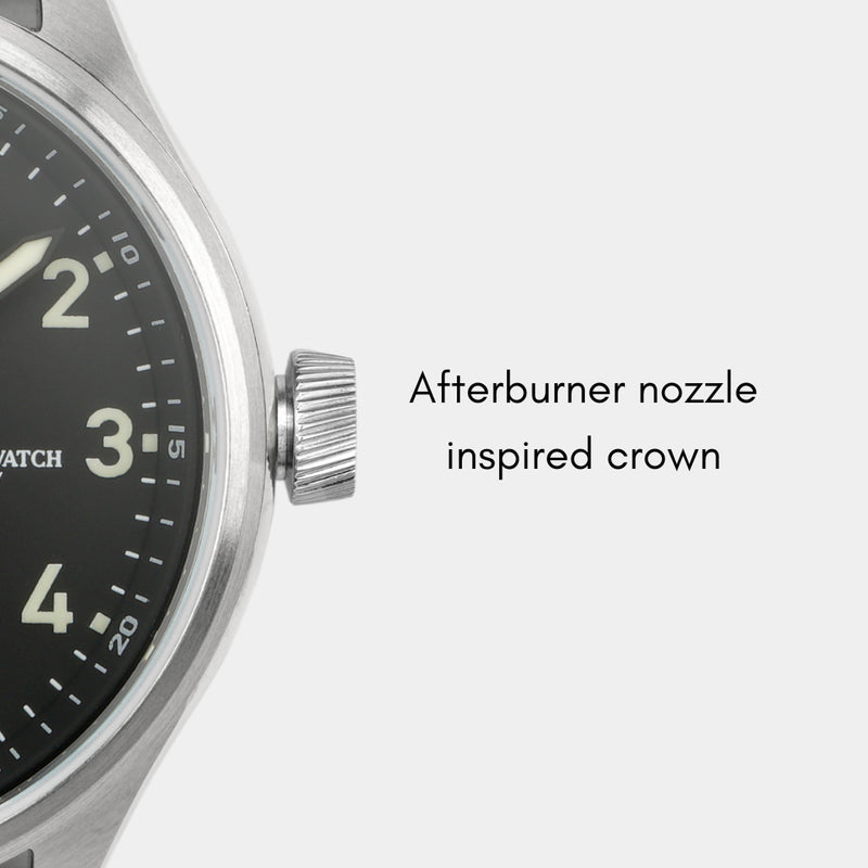 MACH 1 Civilian Steel wristwatch with afterburner-inspired crown, drawing from MiG aircraft.