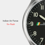 MACH 1 Civilian Steel wristwatch with the Indian Air Force fin-flash at 9H, honoring Indian aviators.