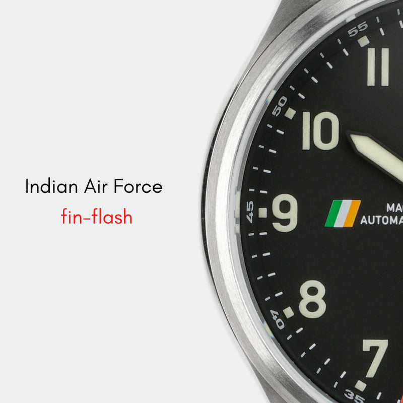 MACH 1 Civilian Steel wristwatch with the Indian Air Force fin-flash at 9H, honoring Indian aviators.