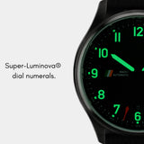 MACH 1 Civilian, steel watch dial with Super-Luminova coating for clear visibility in low light.