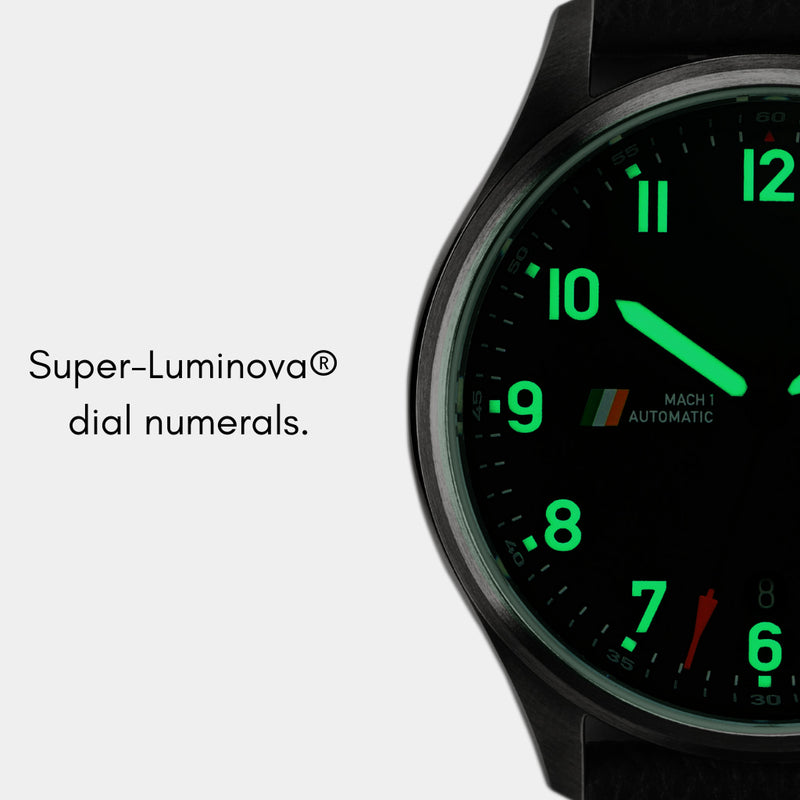 MACH 1 Civilian, steel watch dial with Super-Luminova coating for clear visibility in low light.