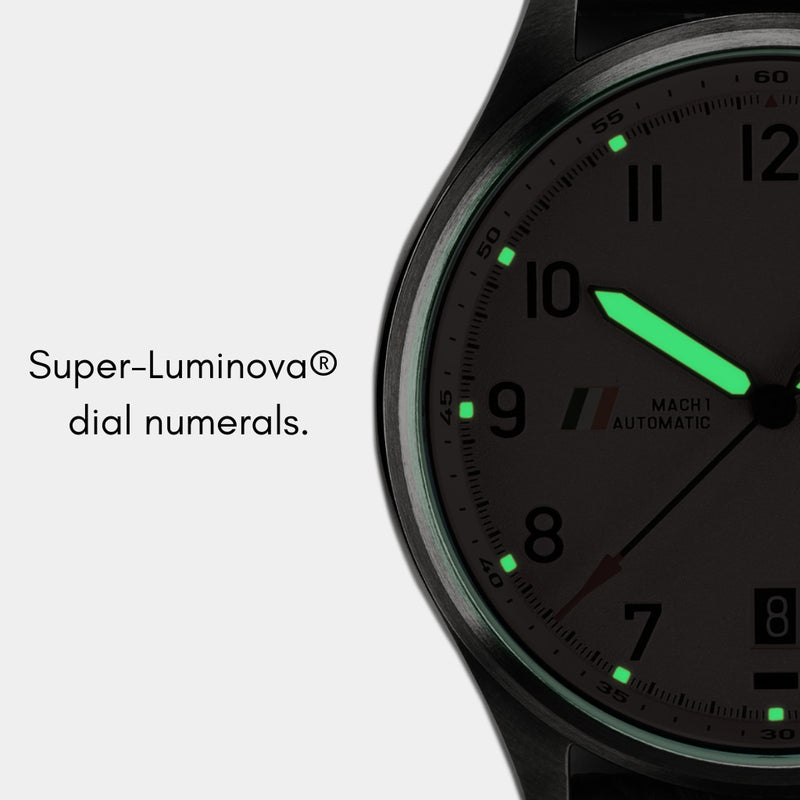 MACH 1 Silk Scarf watch dial with Super-Luminova coating, glowing in low light for clear readability.