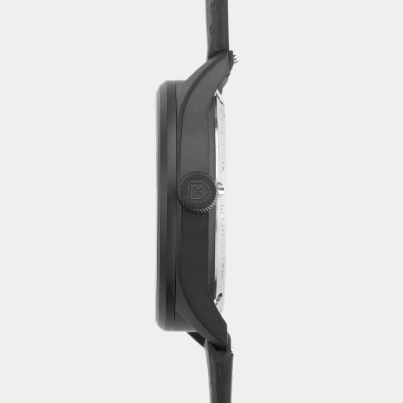 Close-up of the MACH 1 Avalanche wristwatch case side, showcasing the matte-black PVD coating.