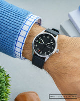 MACH 1 Civilian Steel wristwatch on the wrist, showcasing its clean design and aviation-inspired details.