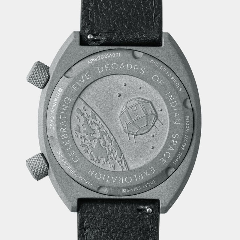 Caseback of the Apogee Extraterrestrial wristwatch featuring Aryabhata, India’s first satellite.