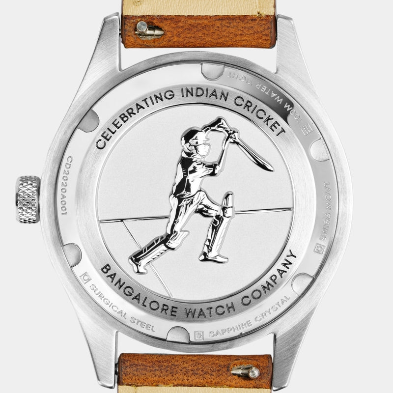 Caseback of the Outfield wristwatch with a batsman playing a shot to the covers.