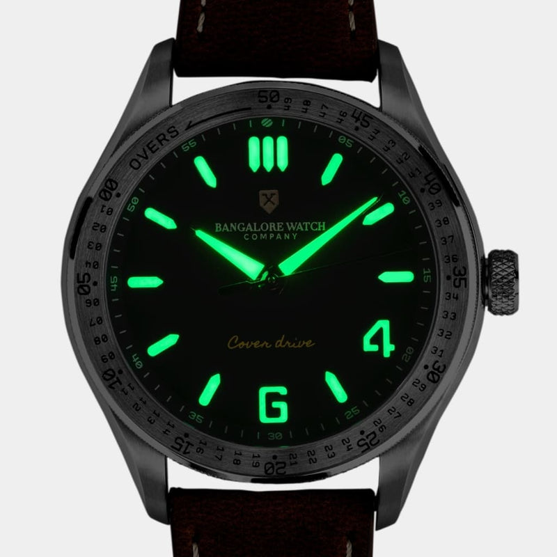 Yellow Jersey wristwatch dial glowing with C3 Superluminova, providing high visibility in low-light conditions.