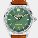 Close-up of the Outfield wristwatch dial, showcasing the matte green color and cricket-inspired details.