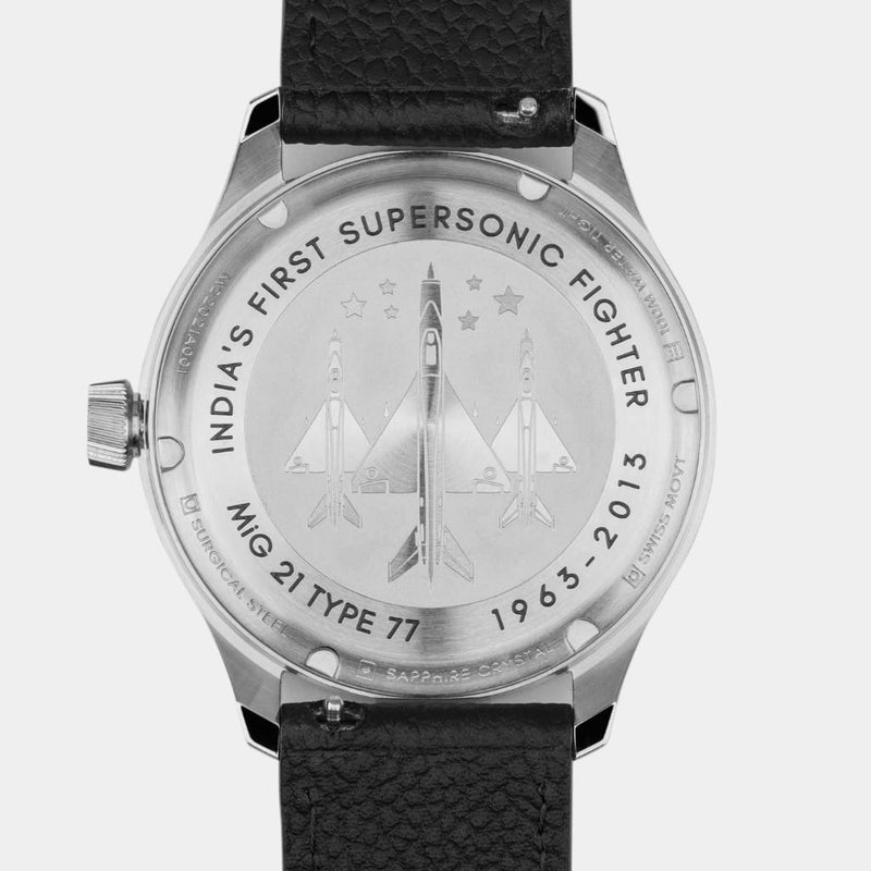Caseback of the MACH 1 Civilian Steel wristwatch featuring an engraving of MiGs flying in formation, inspired by the MiG 21 fighter jet.