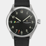 MACH 1 Civilian Steel wristwatch dial with clean and legible design, inspired by the German Flieger A pilot watch style.